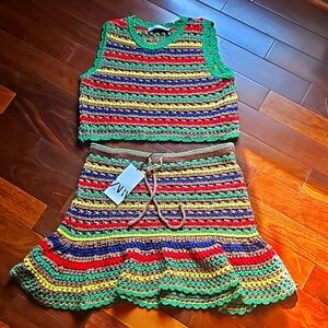 ZARA NWT 2pc knit crochet style colorful skirt (size M) top (size L) +dust bag
